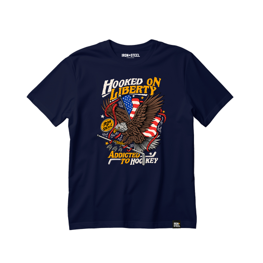 Hooked on Freedom Patriotic Hockey Tee Iron+Steel