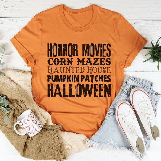 Horror Movies Corn Mazes Haunted House Pumpkin Patches Halloween Tee Peachy Sunday