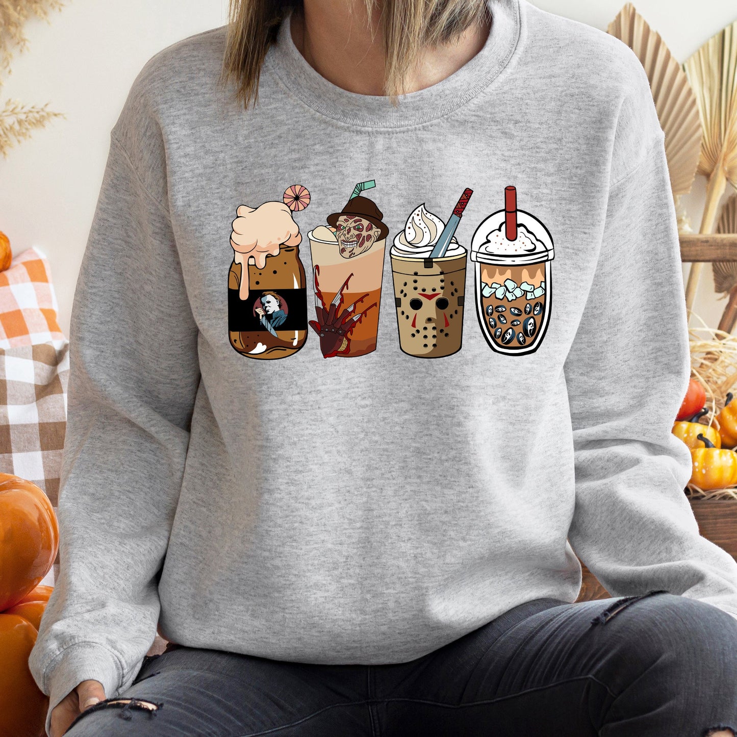 Horror Movie Coffee Halloween Sweatshirt Cozy Cotton Polyester Blend