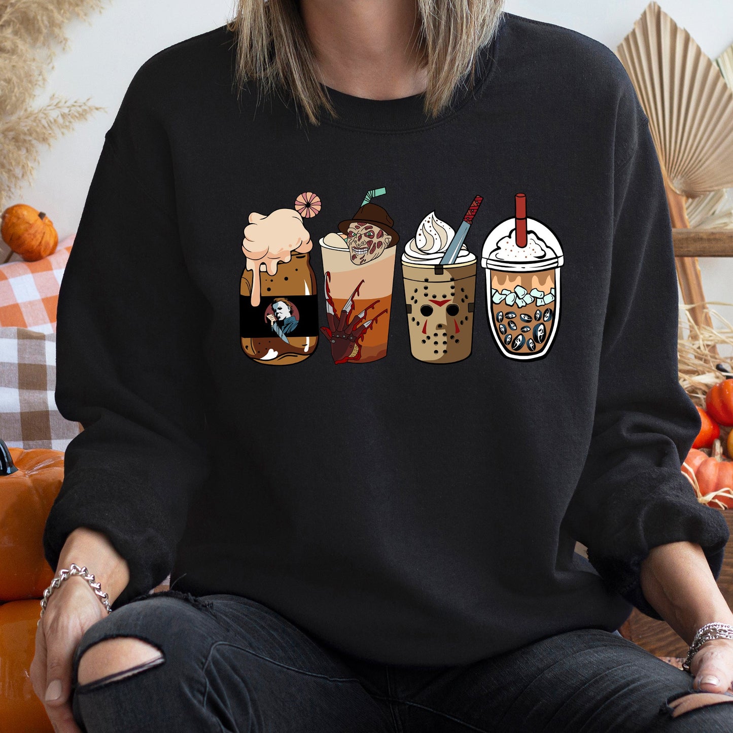 Horror Movie Coffee Halloween Sweatshirt Cozy Cotton Polyester Blend