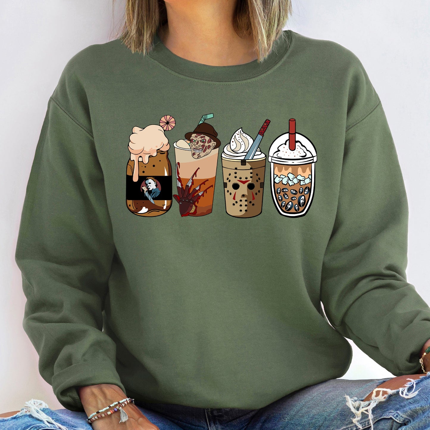 Horror Movie Coffee Halloween Sweatshirt Cozy Cotton Polyester Blend