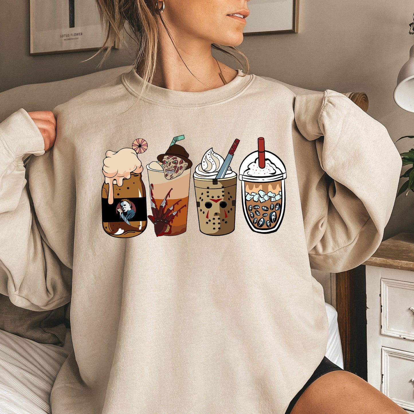 Horror Movie Coffee Halloween Sweatshirt Cozy Cotton Polyester Blend