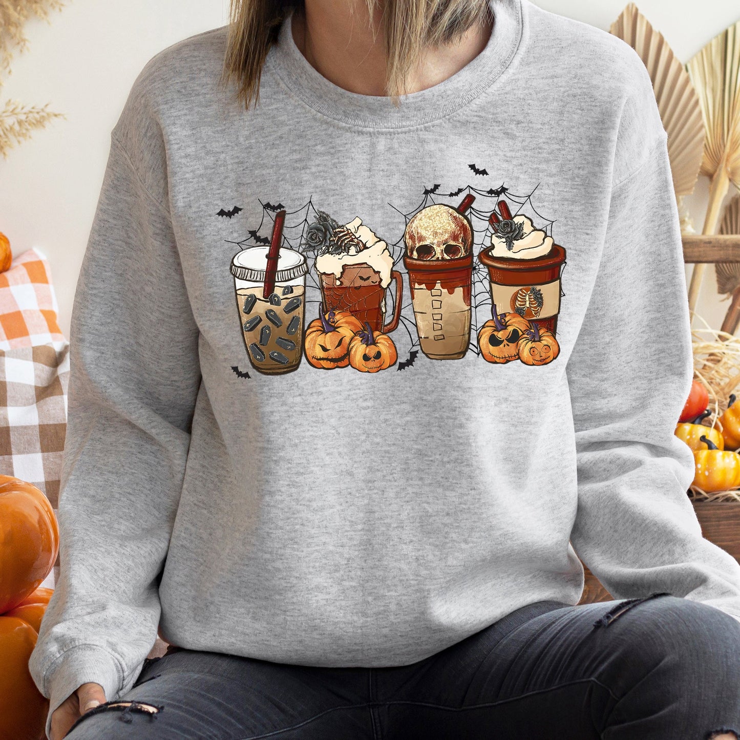Horror Pumpkin Coffee Halloween Sweatshirt Soft Fleece Sweatshirt