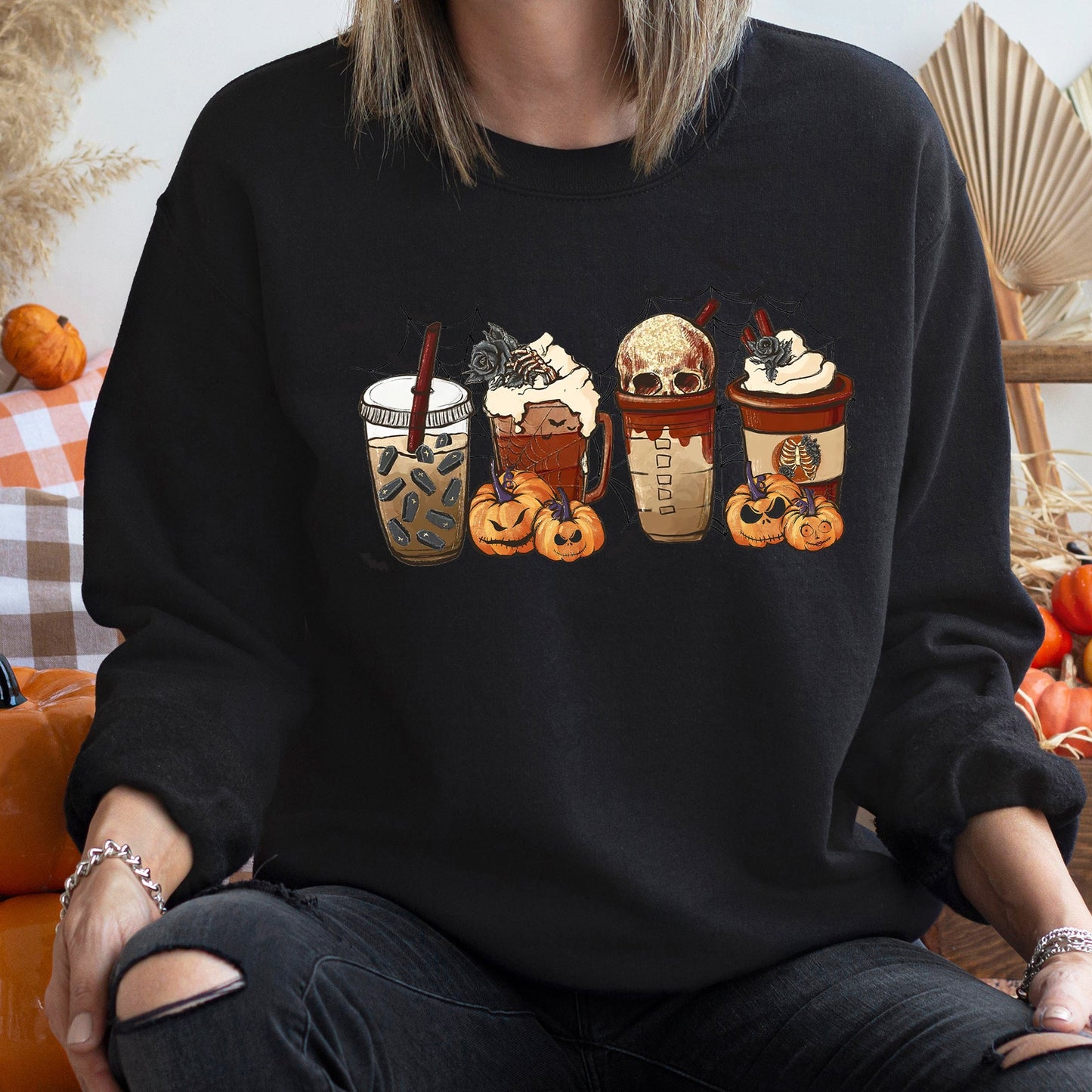 Horror Pumpkin Coffee Halloween Sweatshirt Soft Fleece Sweatshirt