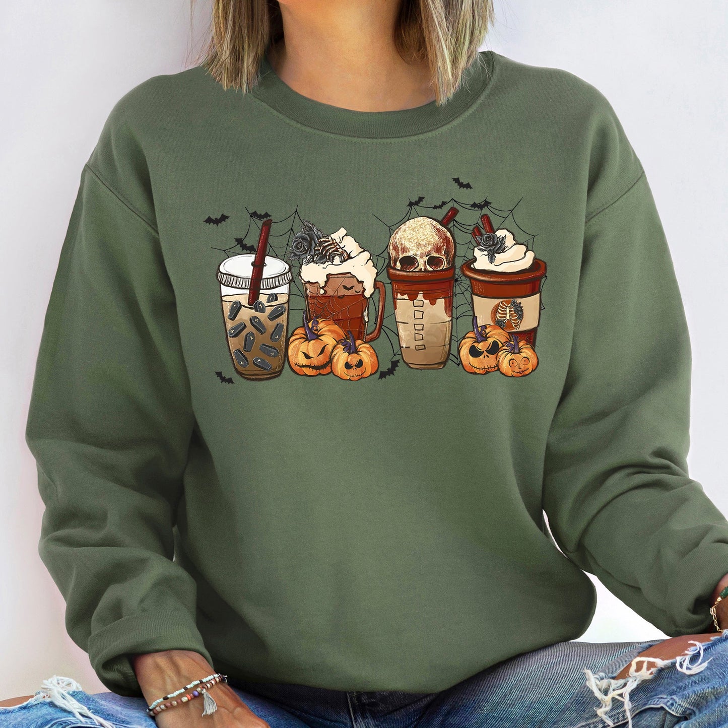 Horror Pumpkin Coffee Halloween Sweatshirt Soft Fleece Sweatshirt