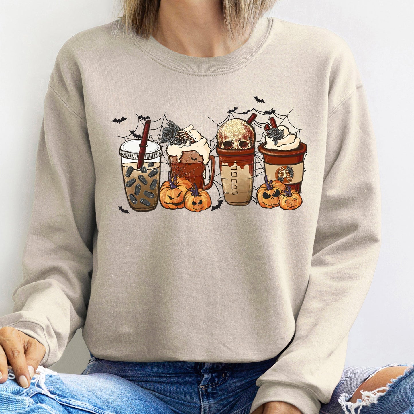 Horror Pumpkin Coffee Halloween Sweatshirt Soft Fleece Sweatshirt