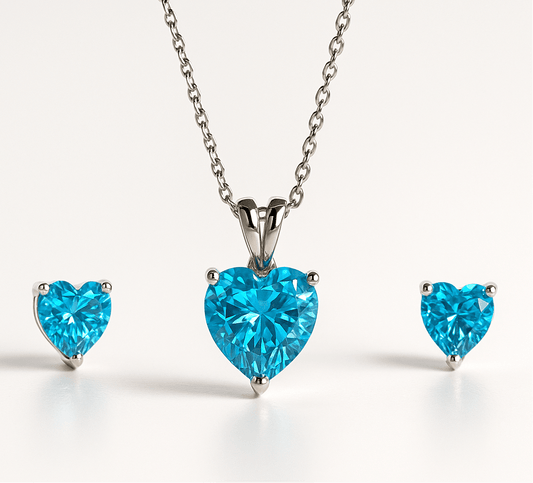 Hypoallergenic Rhodium Plated 925 Sterling Silver Turquoise Blue CZ Heart Jewelry Set