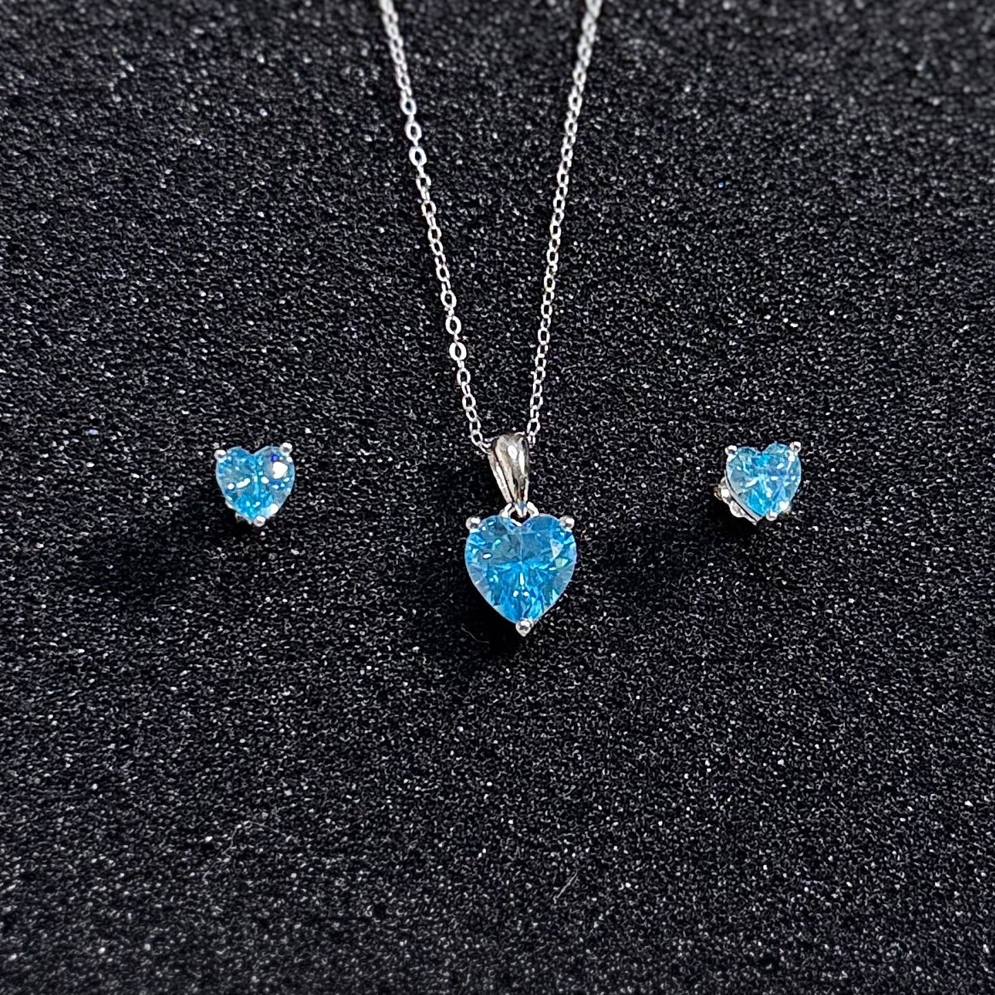 Hypoallergenic Rhodium Plated 925 Sterling Silver Turquoise Blue CZ Heart Jewelry Set