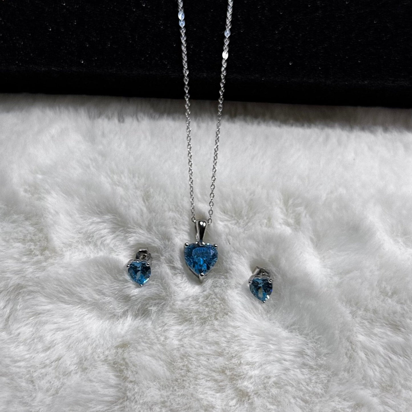 Hypoallergenic Rhodium Plated 925 Sterling Silver Turquoise Blue CZ Heart Jewelry Set