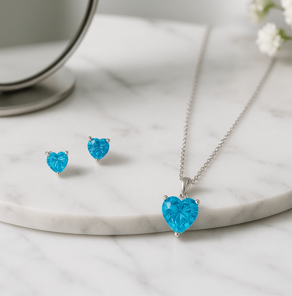Hypoallergenic Rhodium Plated 925 Sterling Silver Turquoise Blue CZ Heart Jewelry Set