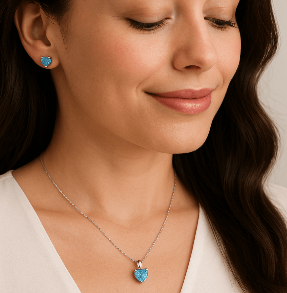 Hypoallergenic Rhodium Plated 925 Sterling Silver Turquoise Blue CZ Heart Jewelry Set