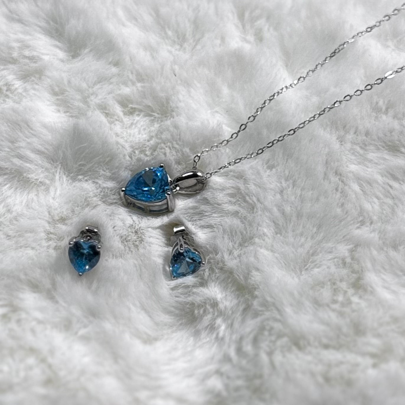 Hypoallergenic Rhodium Plated 925 Sterling Silver Turquoise Blue CZ Heart Jewelry Set