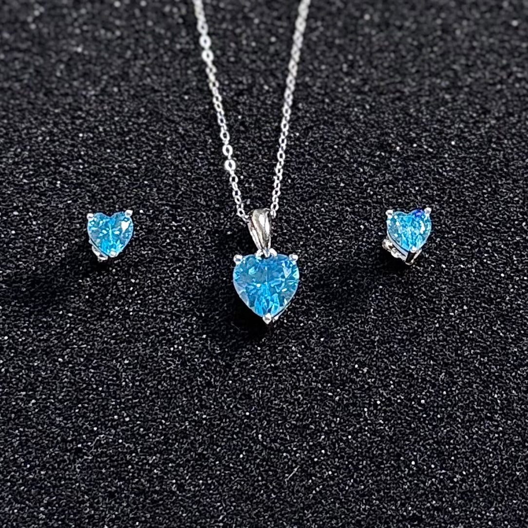 Hypoallergenic Rhodium Plated 925 Sterling Silver Turquoise Blue CZ Heart Jewelry Set