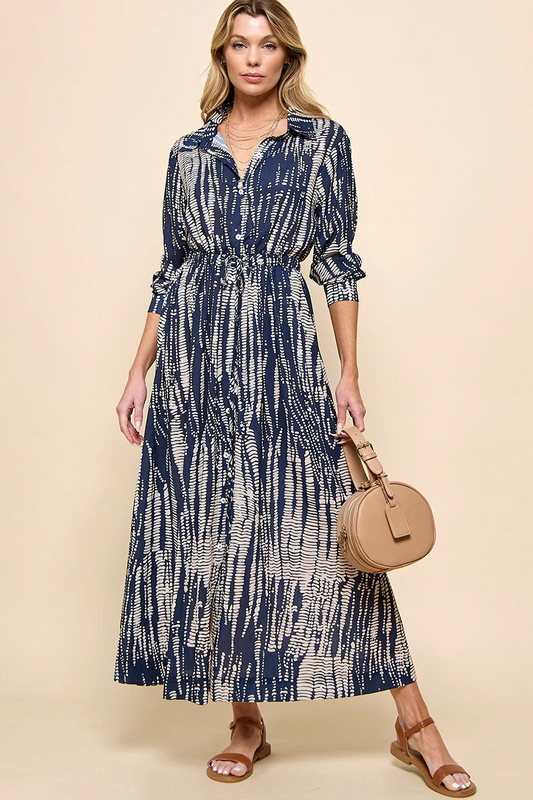 Button Down Drawstring Waist Maxi Dress