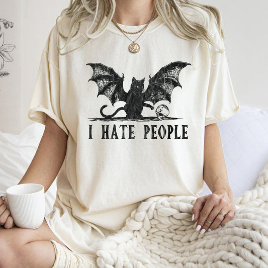 I Hate People Cat Bat Retro Halloween Comfort Colors Tshirt