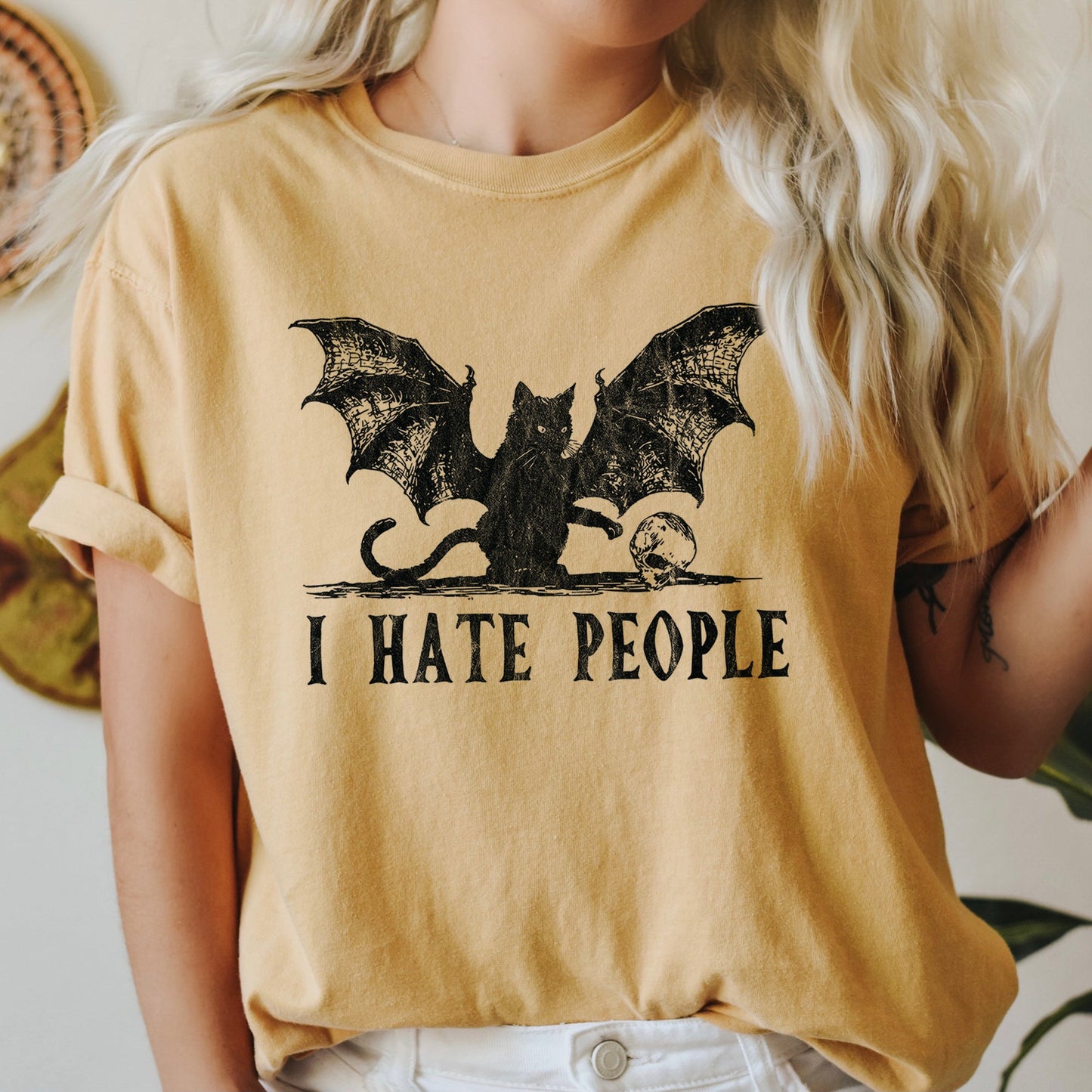I Hate People Cat Bat Retro Halloween Comfort Colors Tshirt