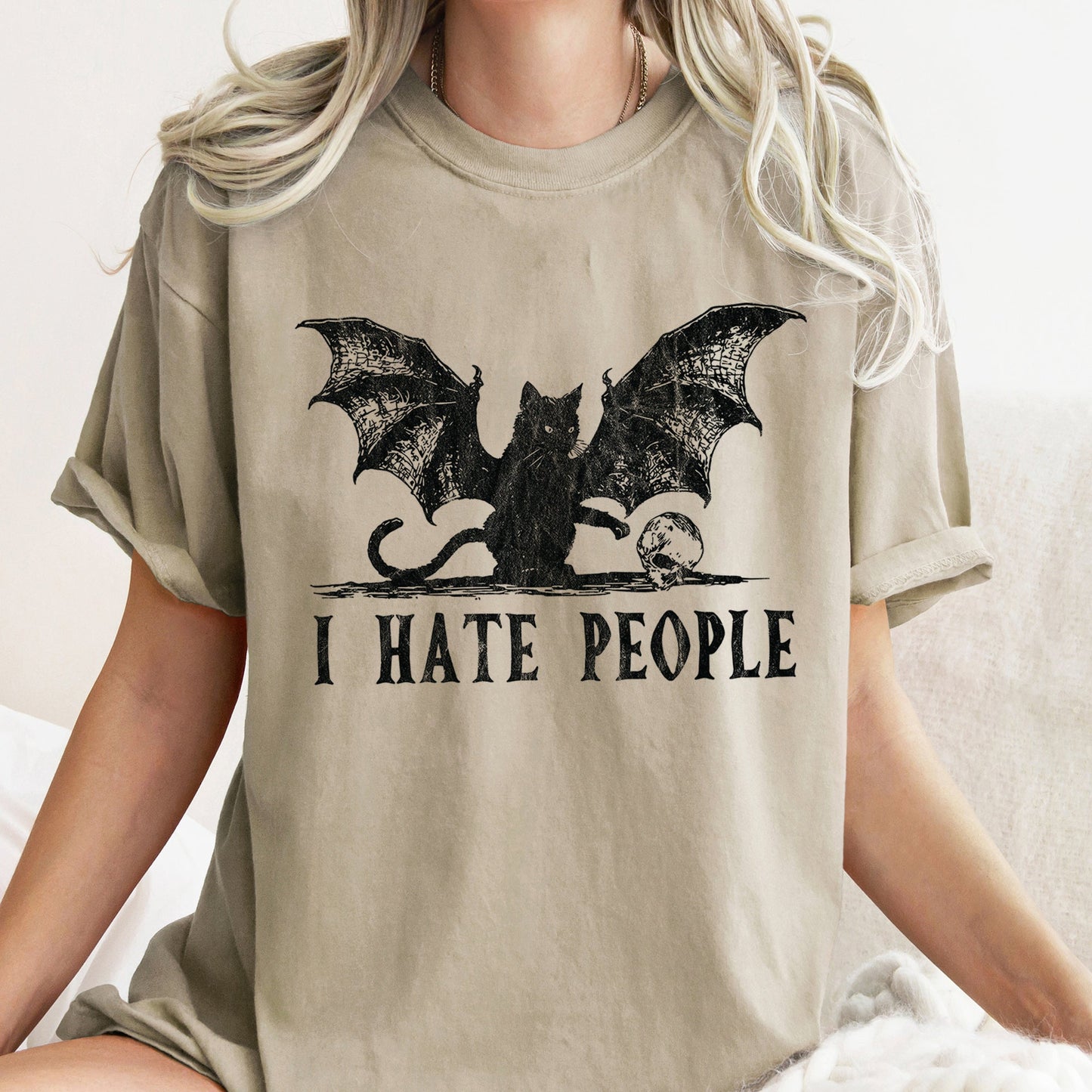 I Hate People Cat Bat Retro Halloween Comfort Colors Tshirt
