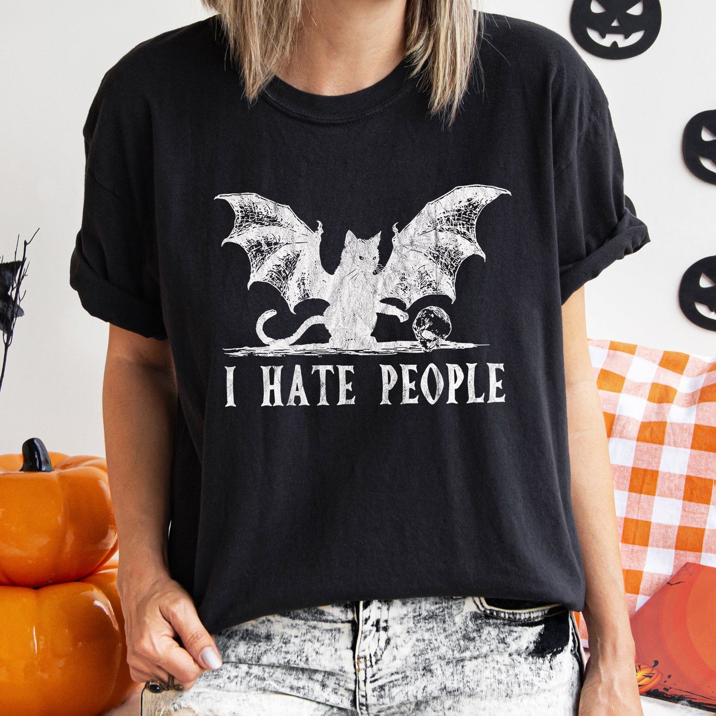 I Hate People Cat Bat Retro Halloween Comfort Colors T-shirt