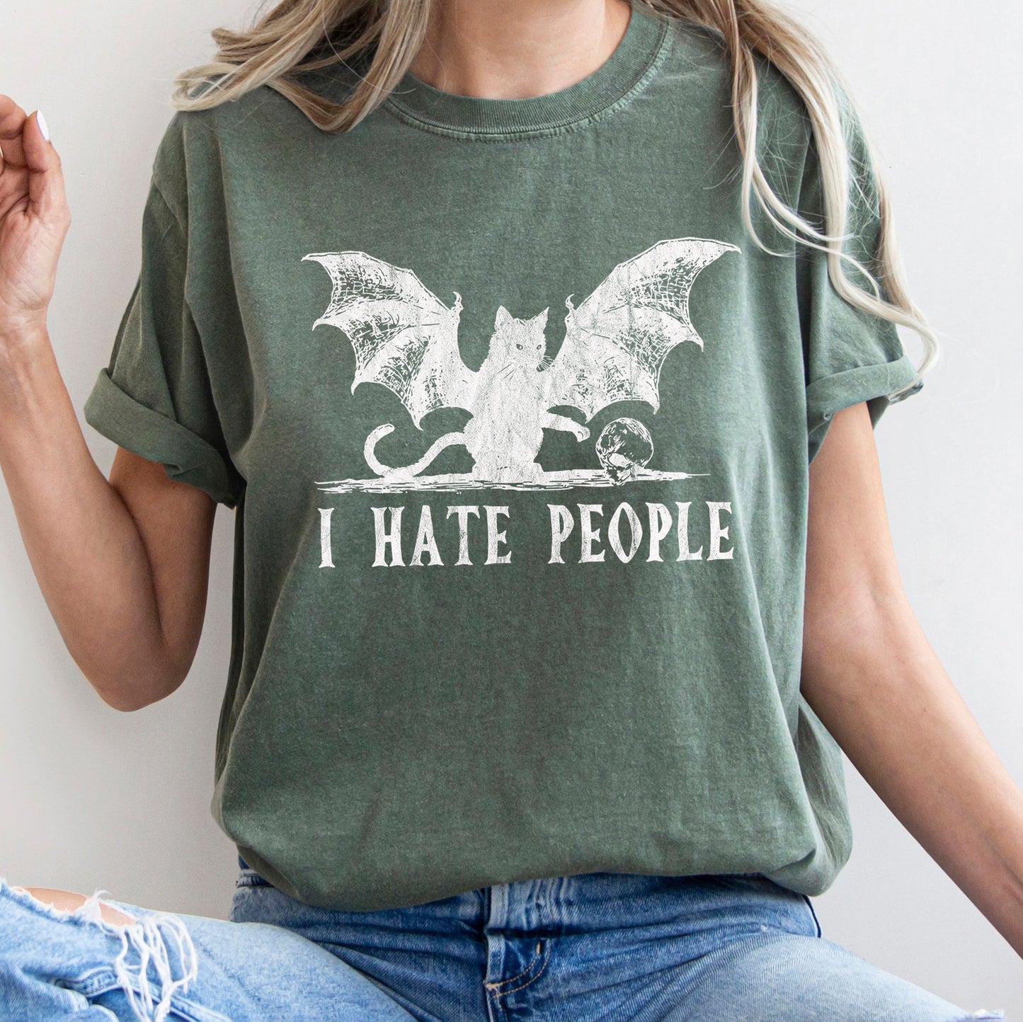 I Hate People Cat Bat Retro Halloween Comfort Colors T-shirt