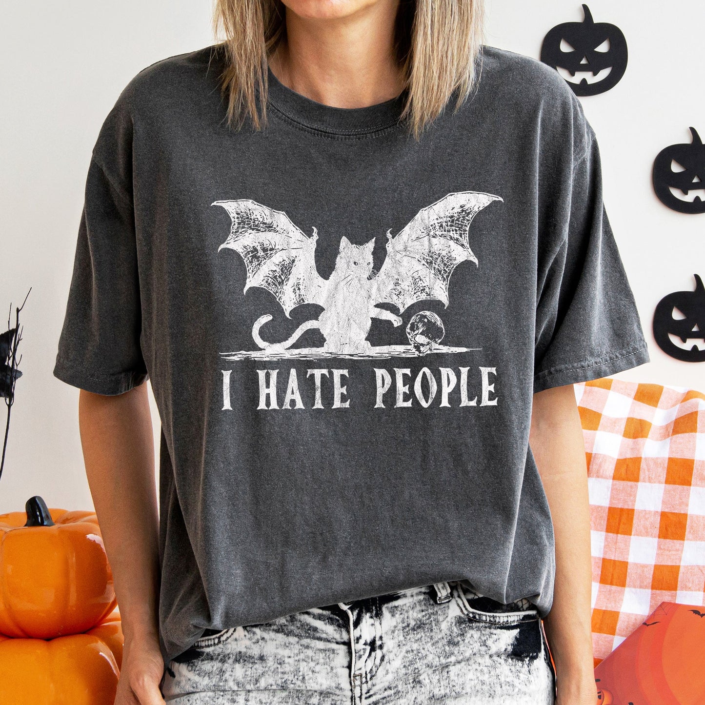 I Hate People Cat Bat Retro Halloween Comfort Colors T-shirt