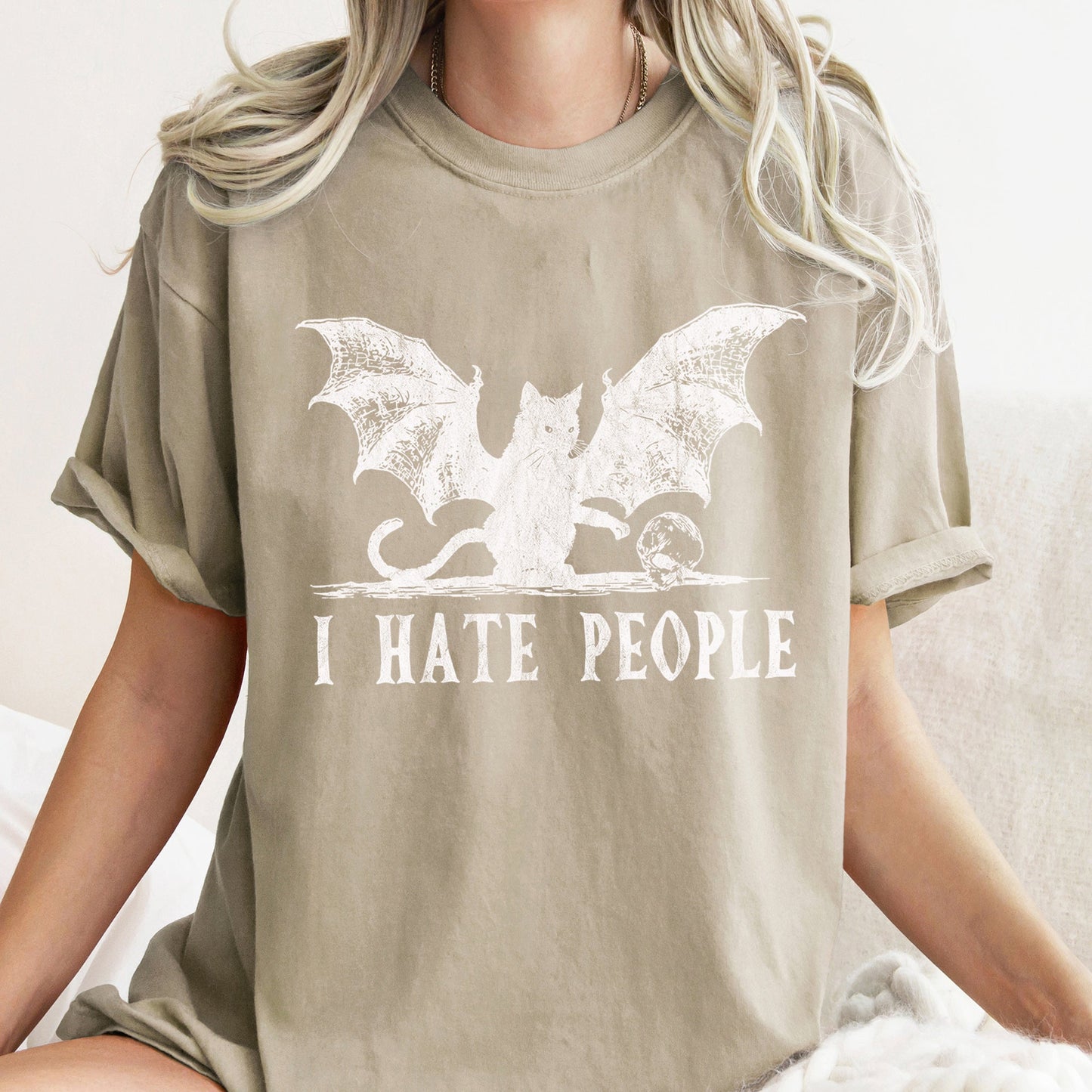 I Hate People Cat Bat Retro Halloween Comfort Colors T-shirt