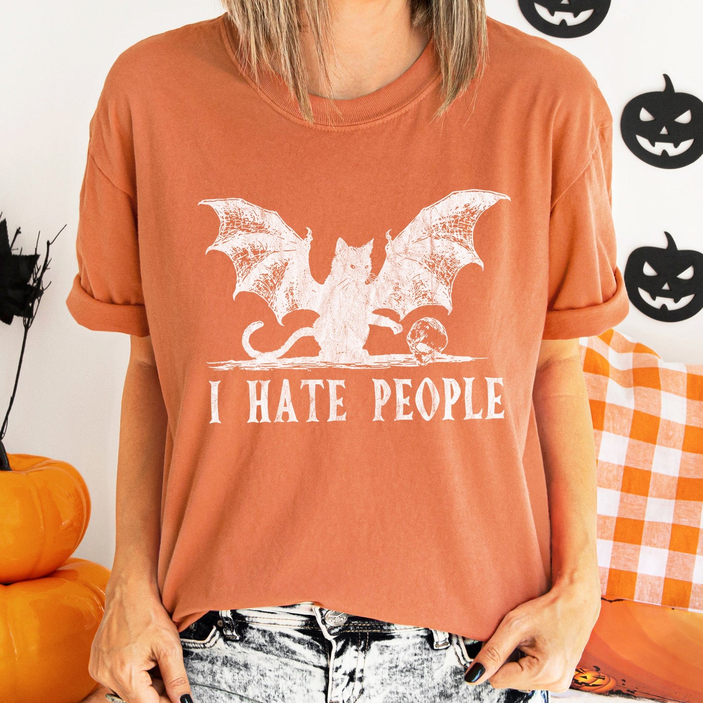 I Hate People Cat Bat Retro Halloween Comfort Colors T-shirt