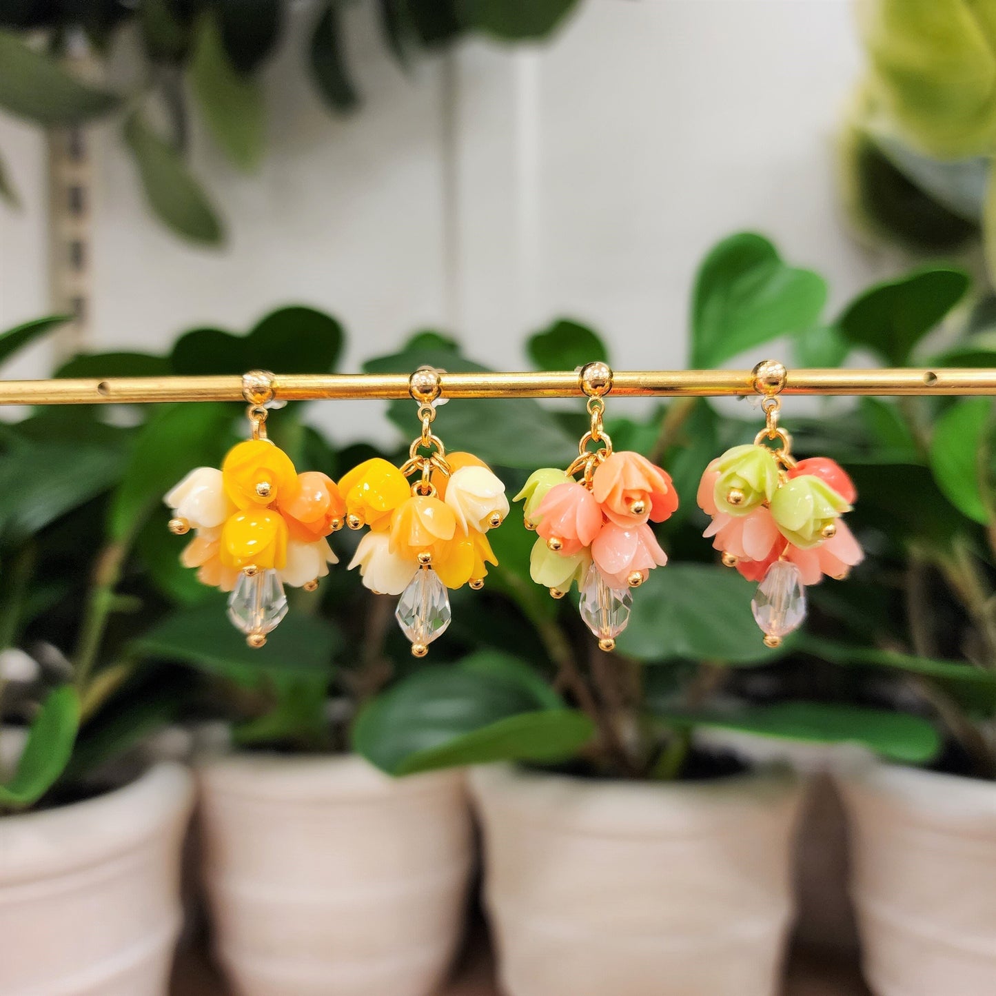 Tulip Bouquet Colorful Resin Flower Earrings 14k Gold Plated