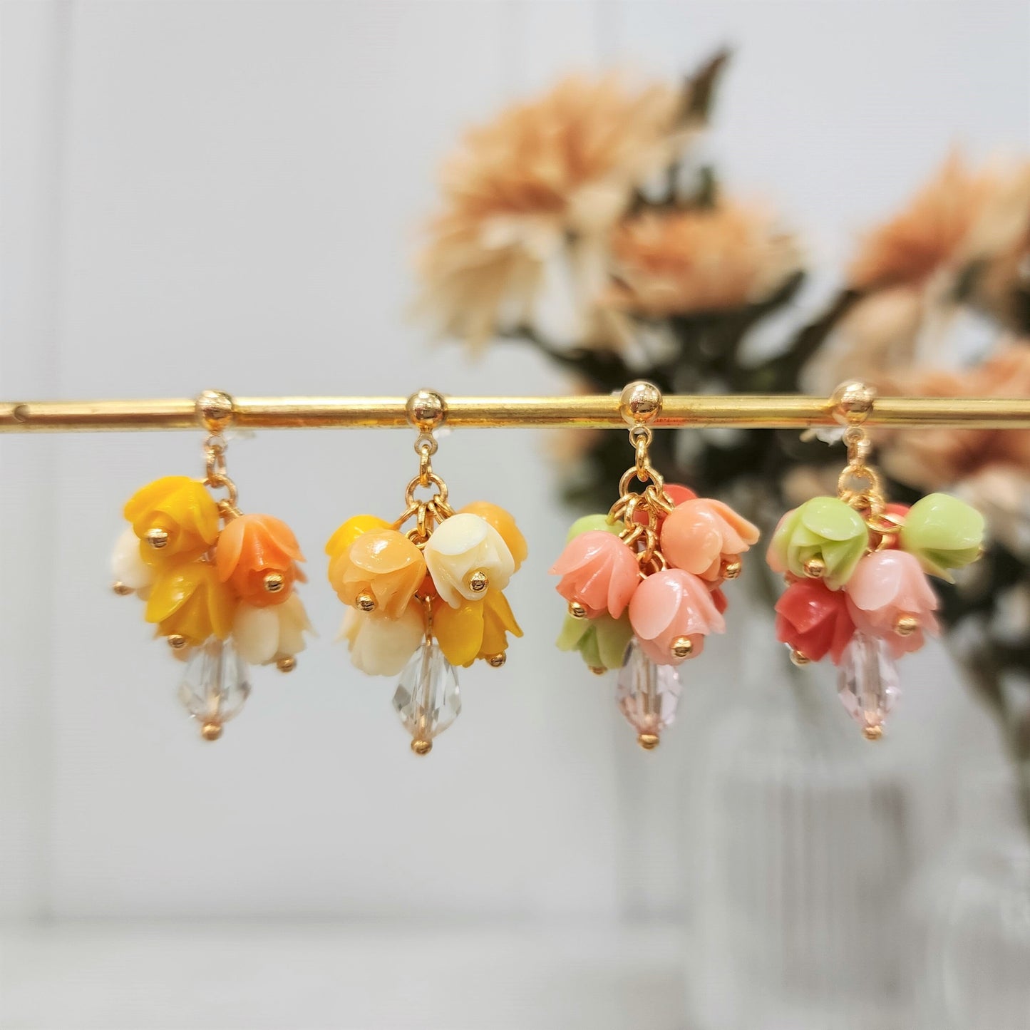 Tulip Bouquet Colorful Resin Flower Earrings 14k Gold Plated