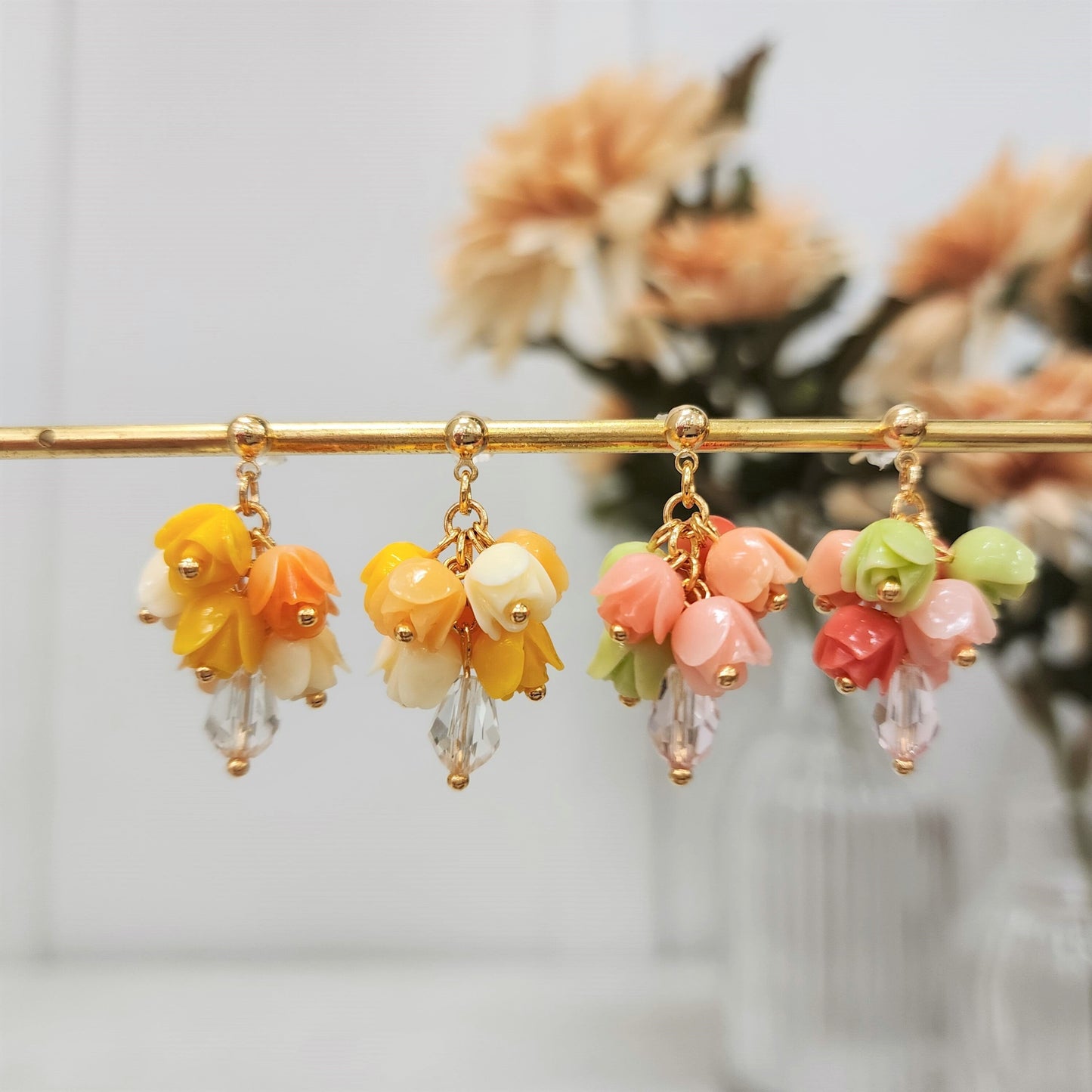 Tulip Bouquet Colorful Resin Flower Earrings 14k Gold Plated