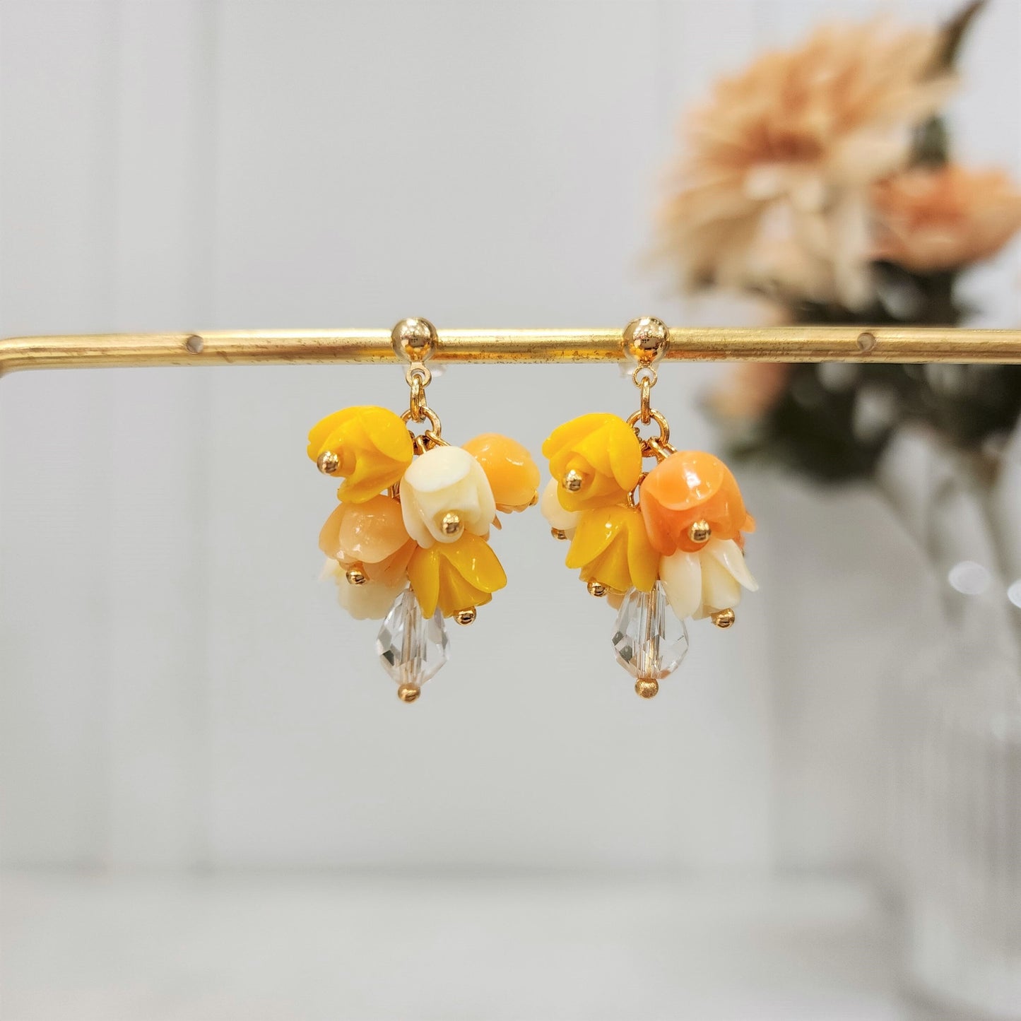 Tulip Bouquet Colorful Resin Flower Earrings 14k Gold Plated
