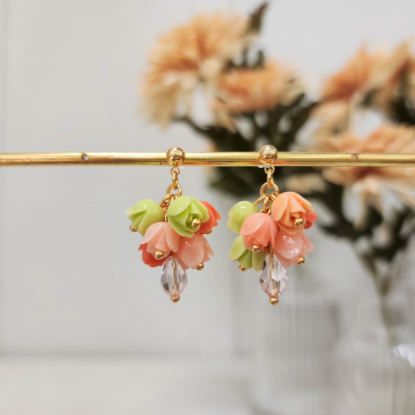 Tulip Bouquet Colorful Resin Flower Earrings 14k Gold Plated