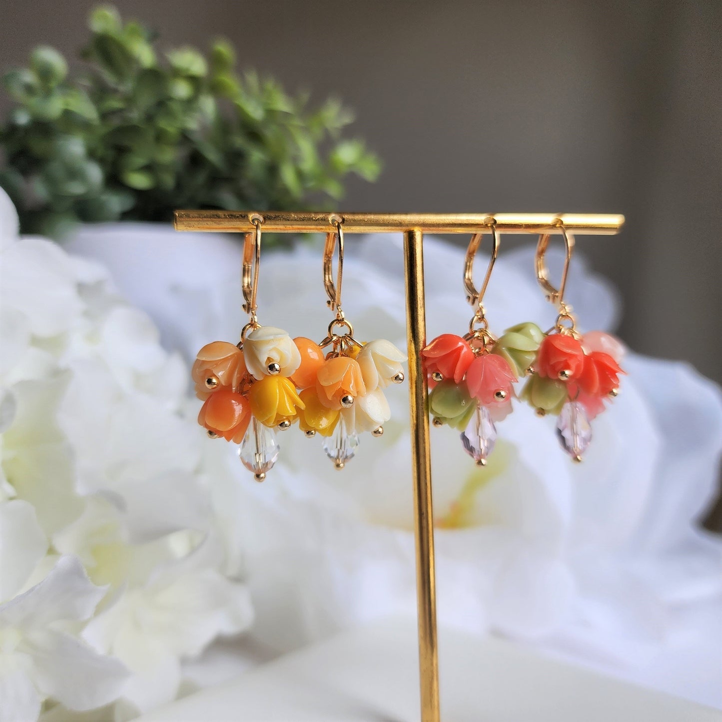 Tulip Bouquet Colorful Resin Flower Earrings 14k Gold Plated