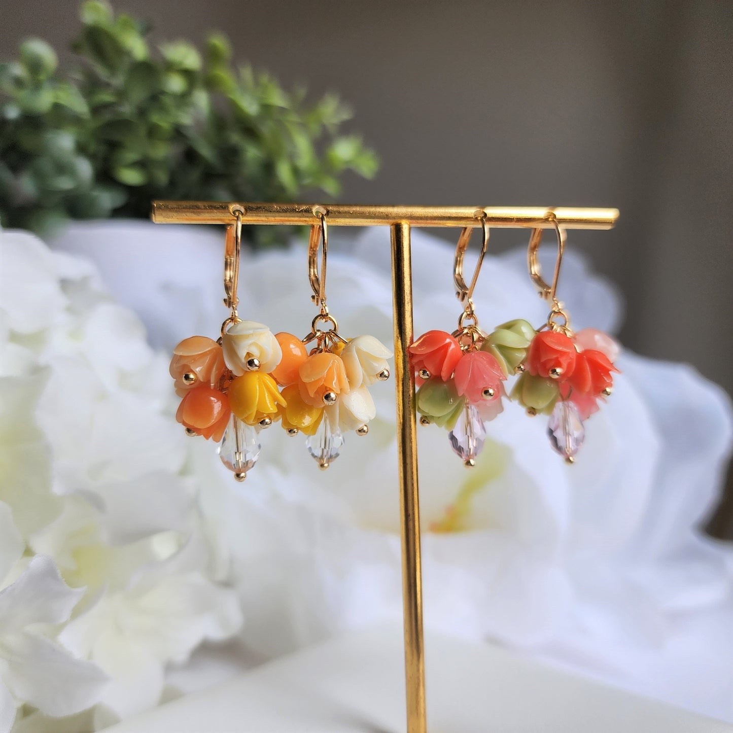 Tulip Bouquet Colorful Resin Flower Earrings 14k Gold Plated