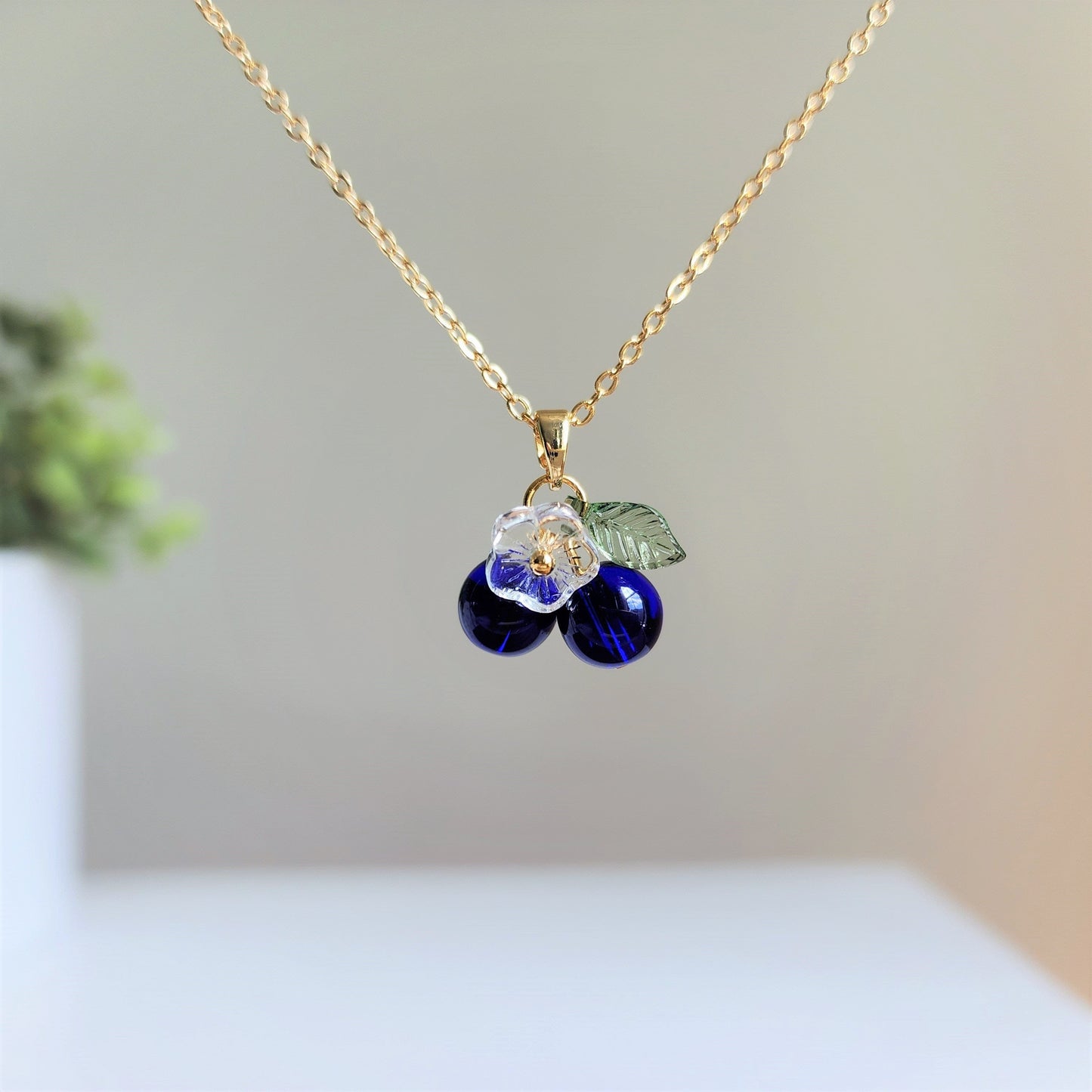 Custom Blueberry Cluster Glass Fruit Necklace 14K Gold Plated