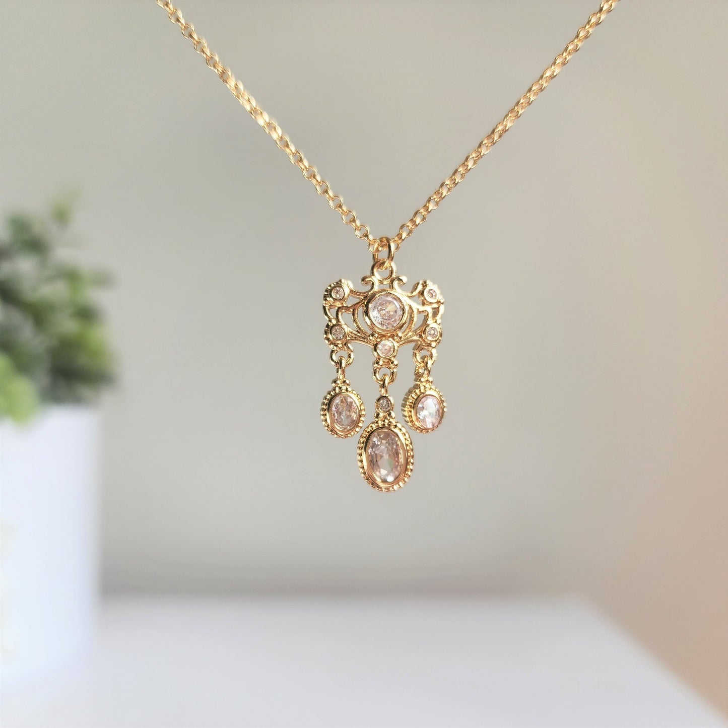 Cinderella Inspired Chandelier Pendant Necklace 14K Gold Plated Jewelry