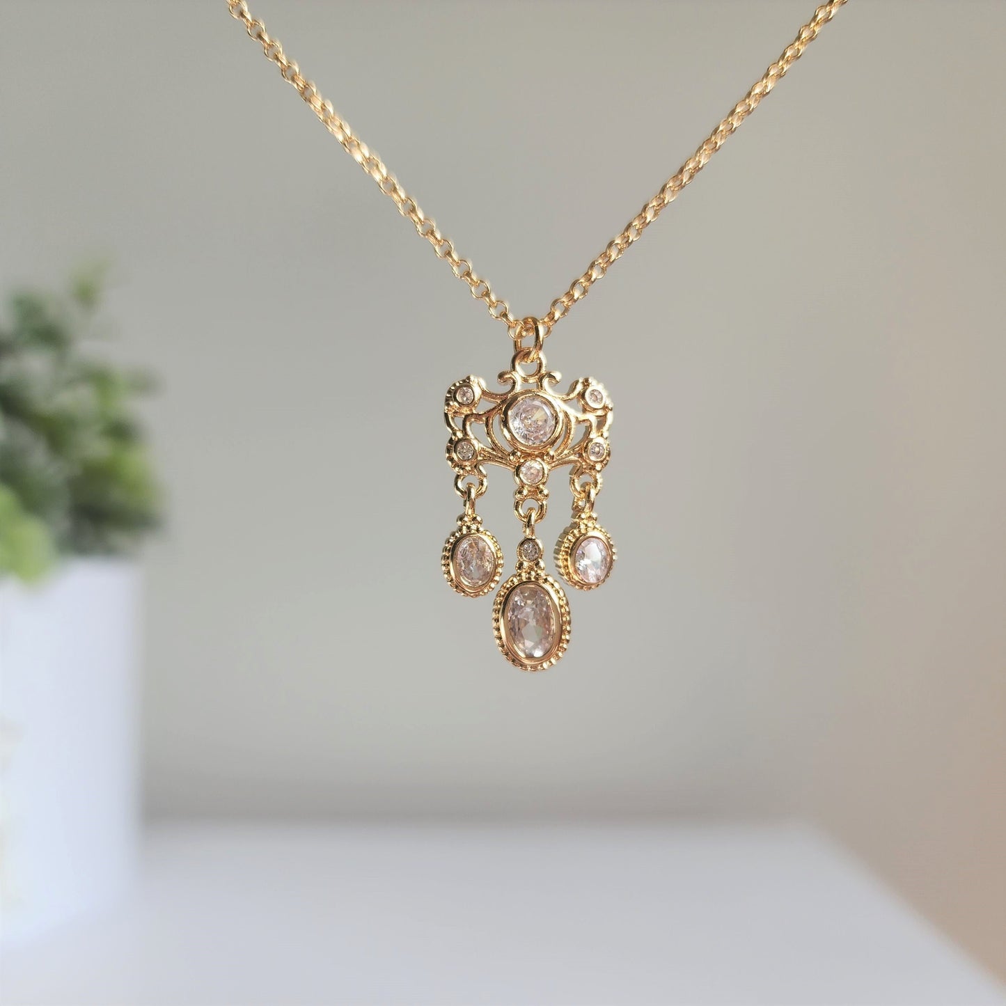 Cinderella Inspired Chandelier Pendant Necklace 14K Gold Plated Jewelry