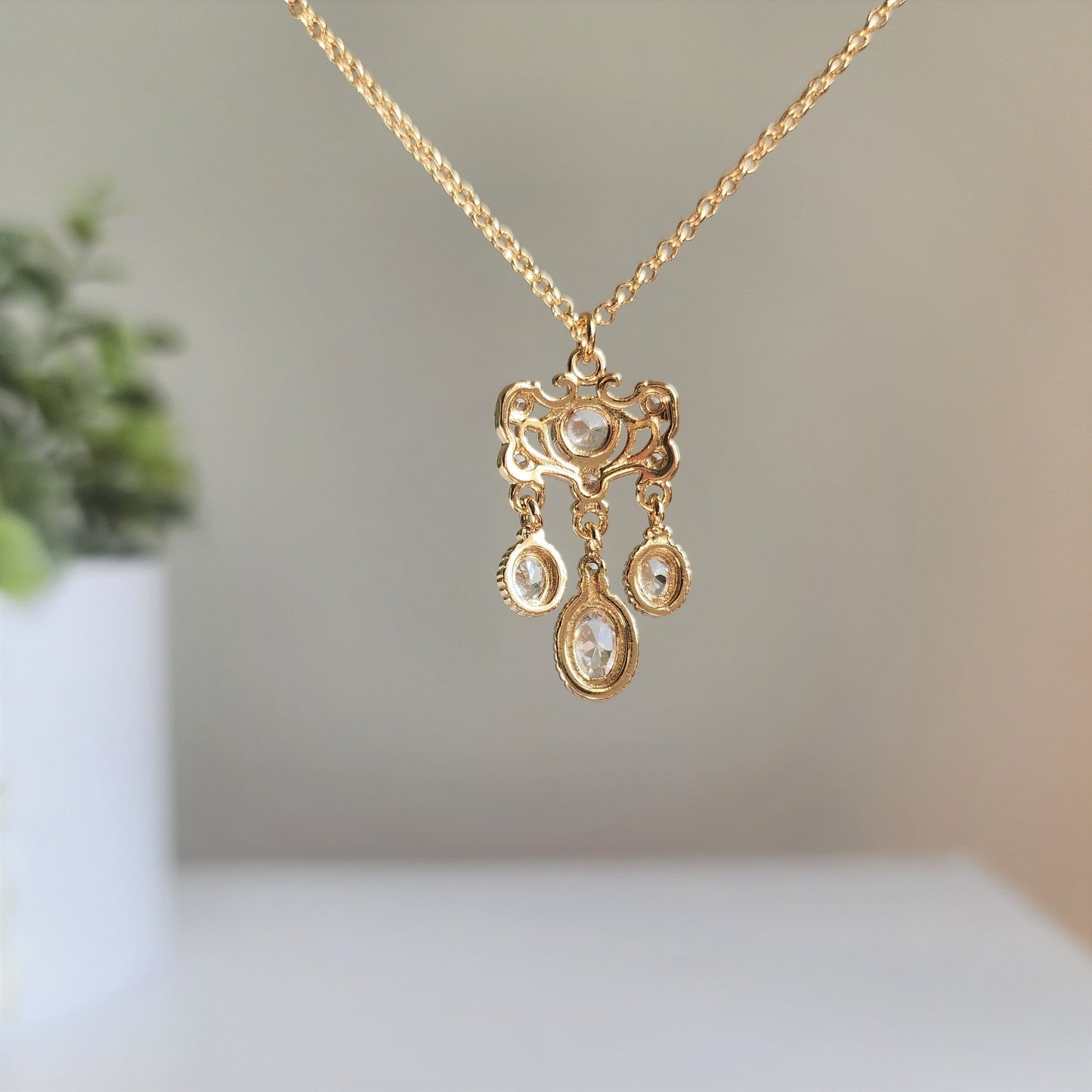 Cinderella Inspired Chandelier Pendant Necklace 14K Gold Plated Jewelry