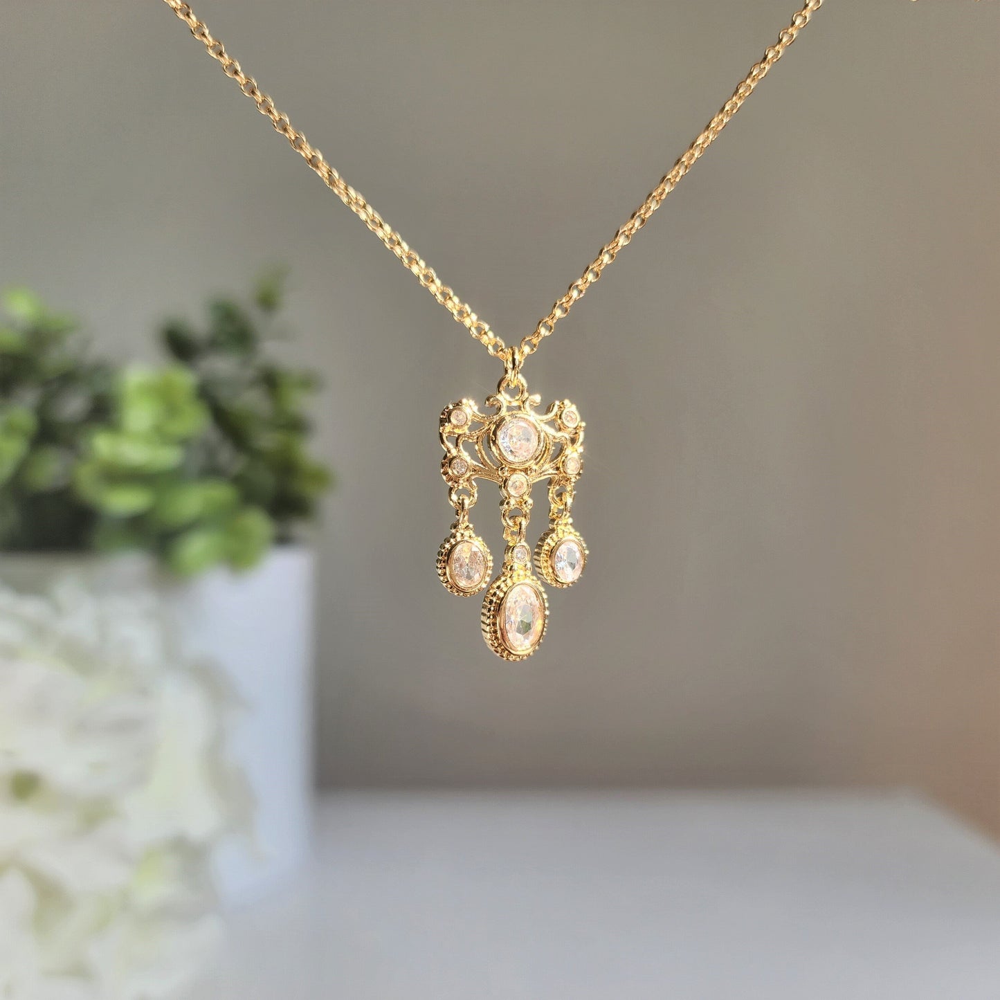 Cinderella Inspired Chandelier Pendant Necklace 14K Gold Plated Jewelry
