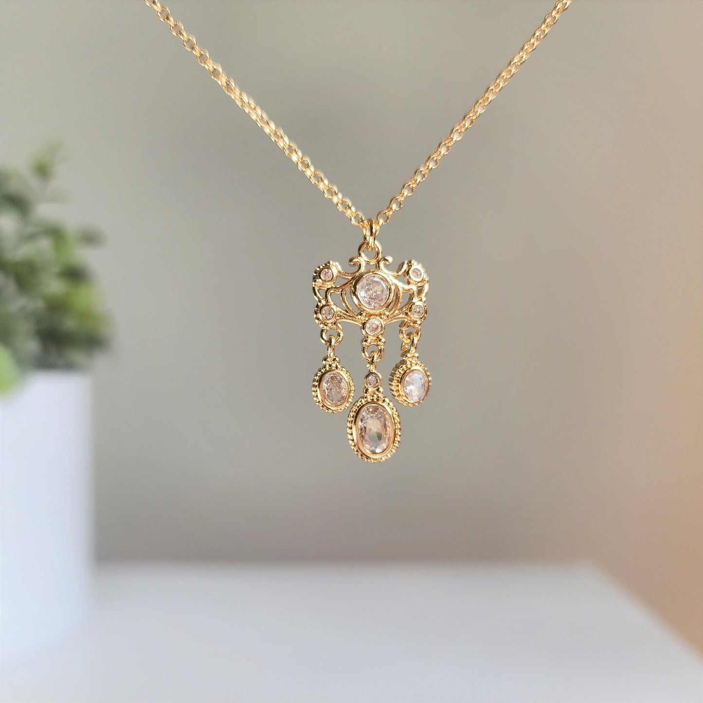 Cinderella Inspired Chandelier Pendant Necklace 14K Gold Plated Jewelry