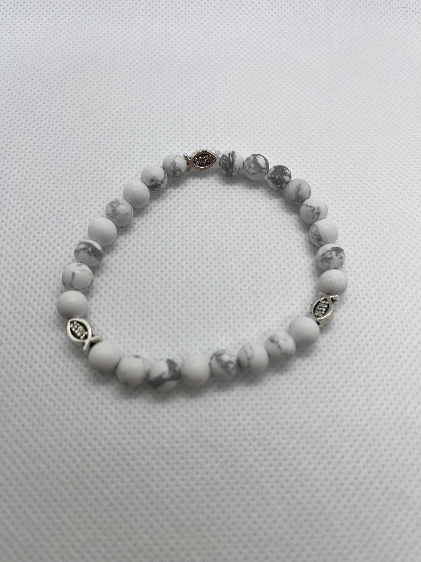 White Marble Jesus Fish Bracelet 6mm Beads Faith Jewelry