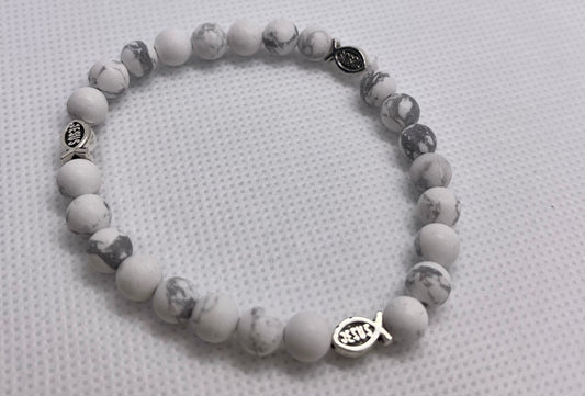 White Marble Jesus Fish Bracelet 6mm Beads Faith Jewelry
