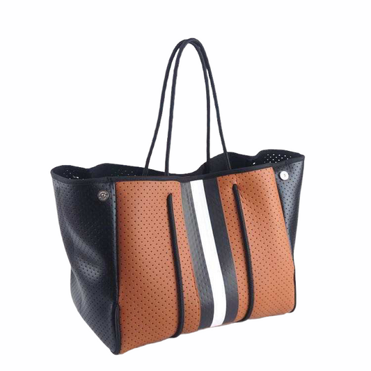 Neoprene Brown and Black Tote with White Stripe Aniella