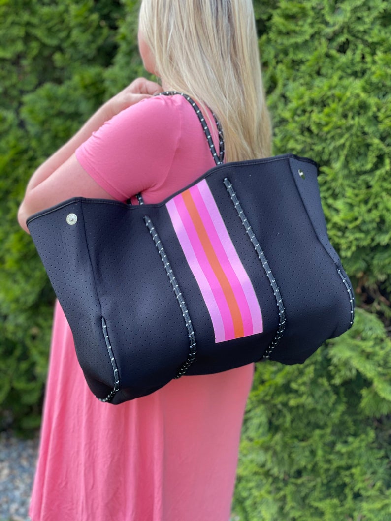 Neoprene Tote Black with Pink & Orange Stripe Tote Babs+Birdie