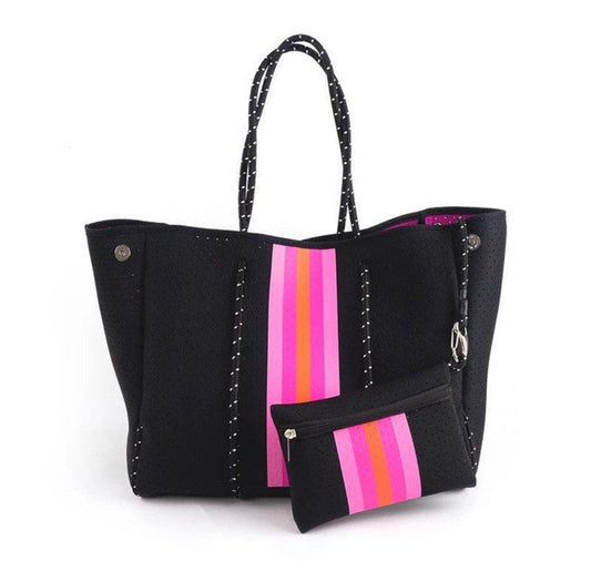 Neoprene Tote Black with Pink & Orange Stripe Tote Babs+Birdie