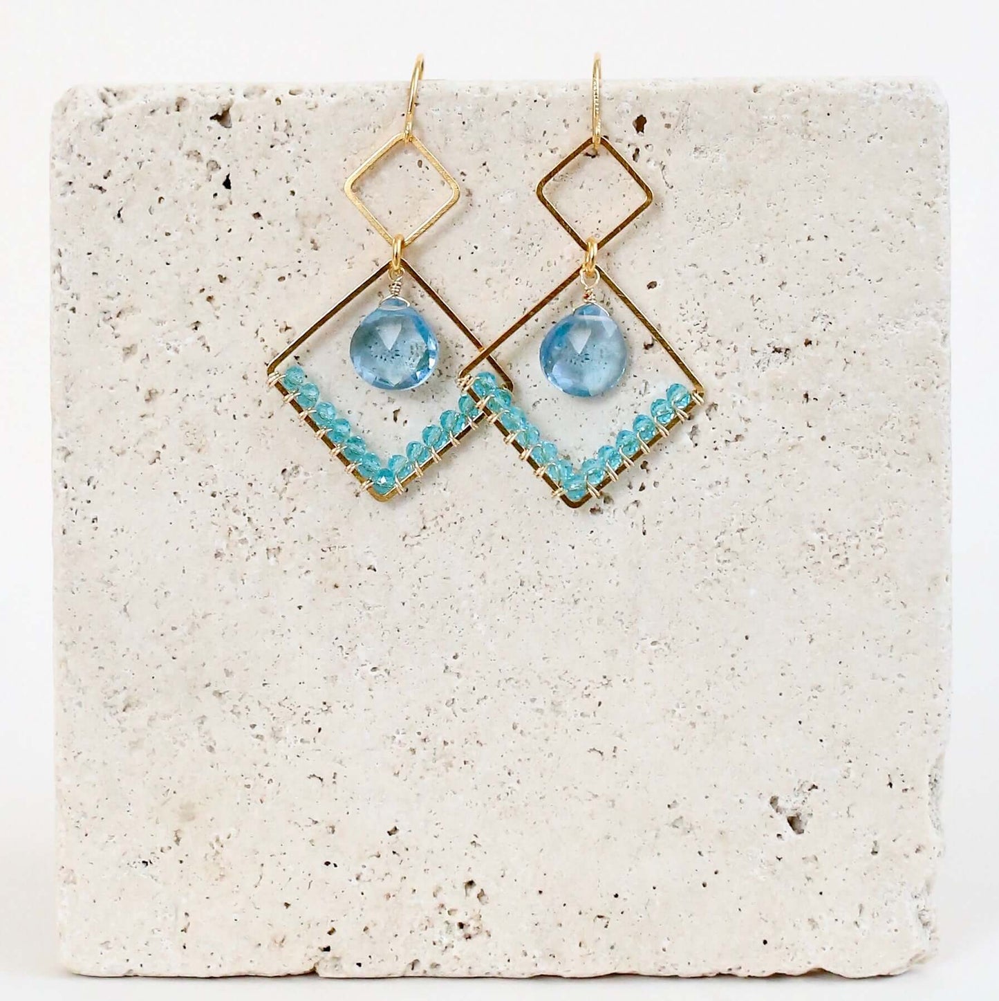 Aquamarine Quartz Gold Geometric Earrings