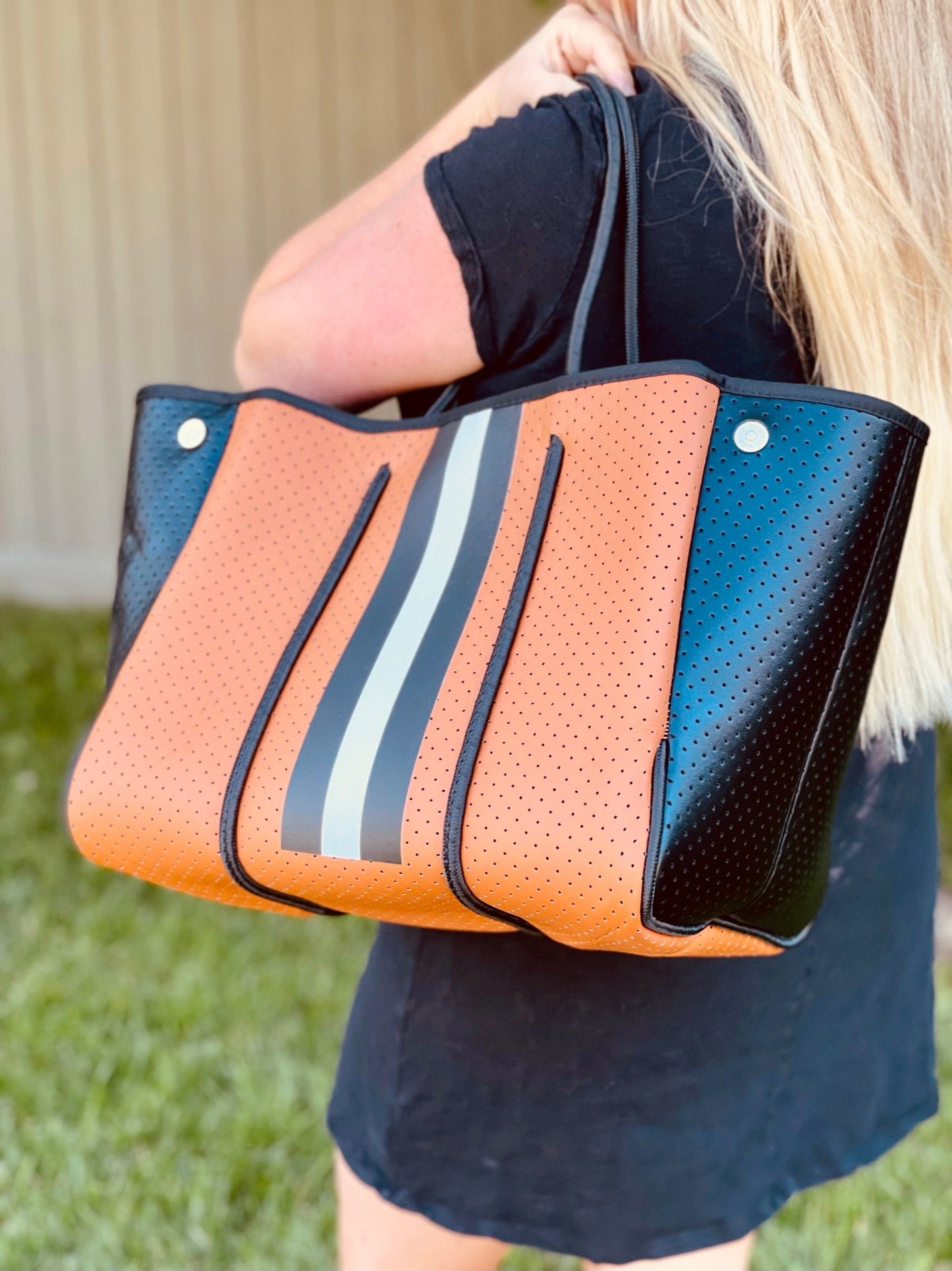 Neoprene Brown and Black Tote with White Stripe Aniella