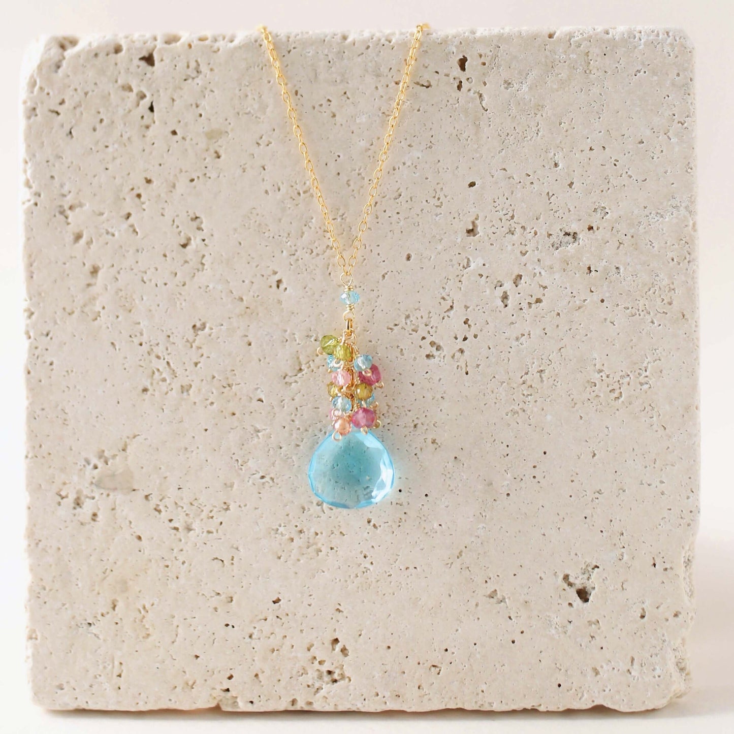 Aquamarine Quartz Gold Raindrop Necklace