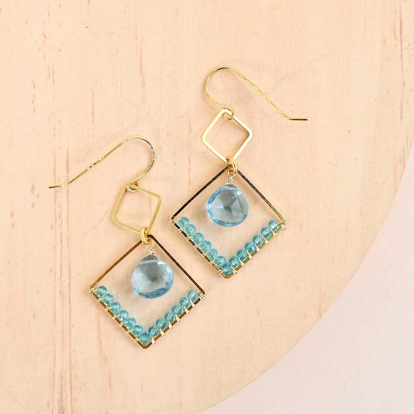 Aquamarine Quartz Gold Geometric Earrings