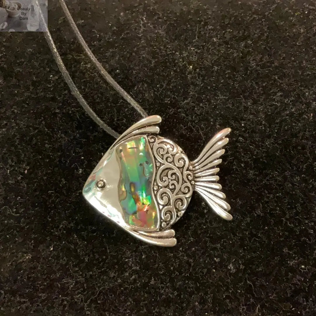 Abalone Fish Necklace Leather Cord Pendant Beauty by Dani