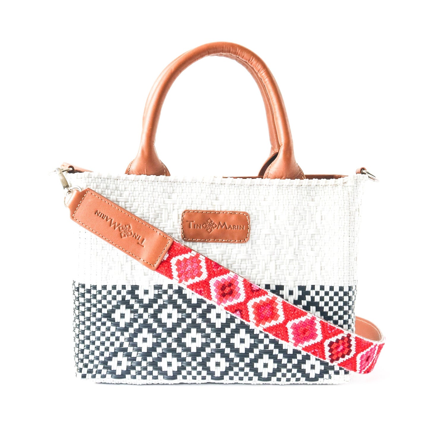 White Small Woven Crossbody Bag Adjustable Leather Strap Tin Marin